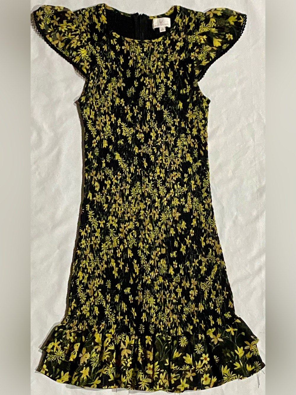 Lost + Wander Black Smocked Midi Dress with Yellow and Orange Floral Print Sz. S